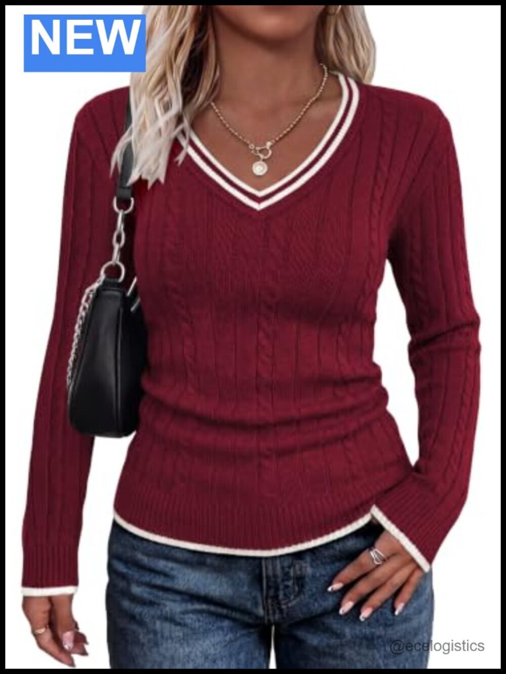 Women's Slim Fit V-Neck Color Block Sweater Pullover